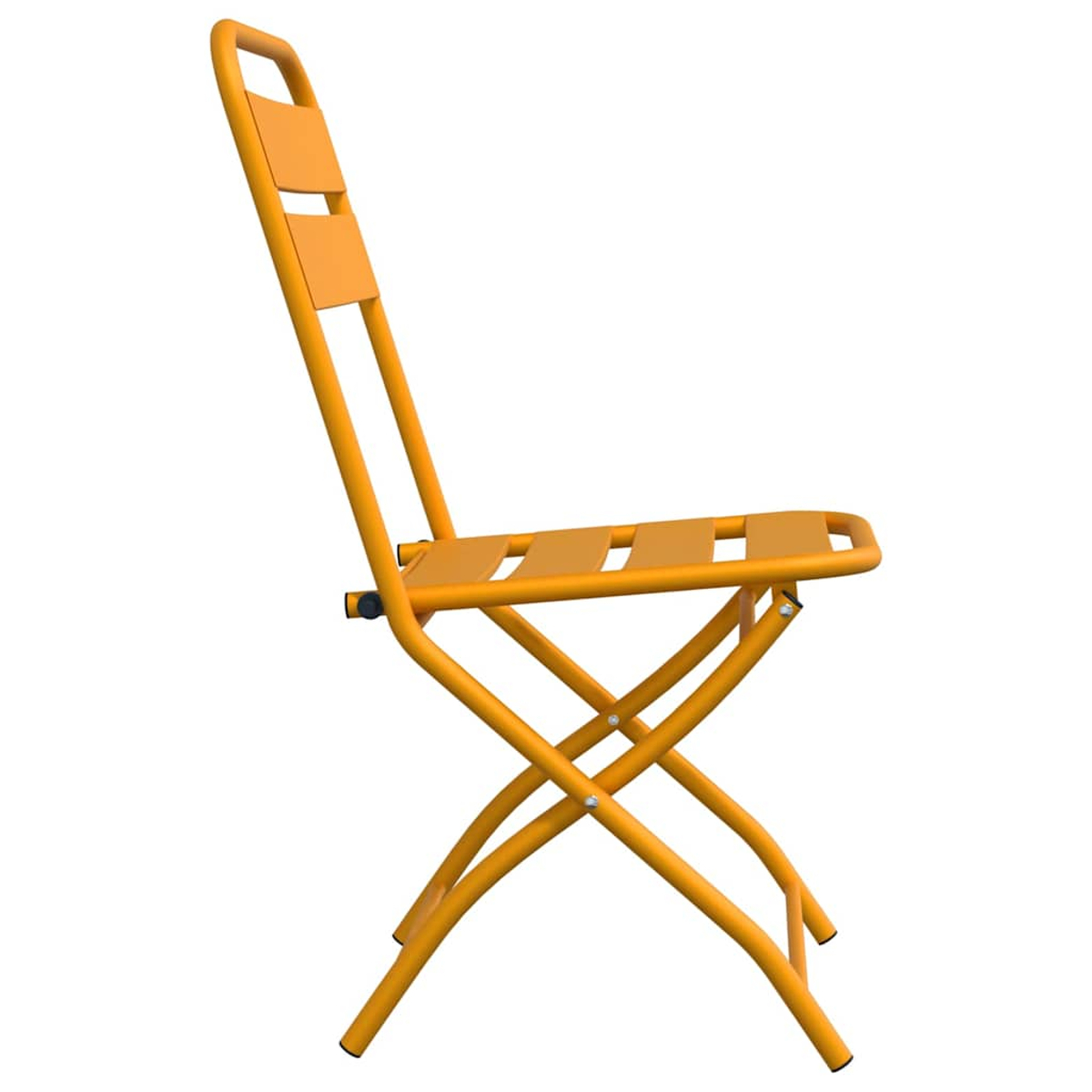 Una silla plegable naranja sobre un fondo blanco. La silla tiene un respaldo con dos cortes rectangulares y un asiento con tres lamas.