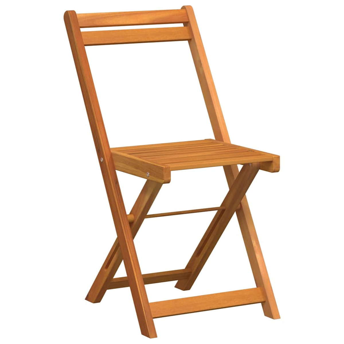 Ein zusammenklappbarer Holzstuhl wird vor einem weißen Hintergrund gezeigt. Der Stuhl besteht aus hellbraunem Holz mit einer Lattenlehne und -sitz.