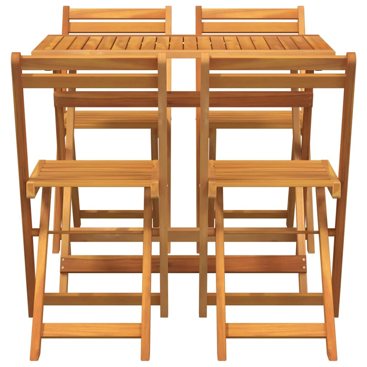 Holz-Gartenmöbel-Set: ein rechteckiger Tisch und vier Klappstühle, alle hellbraun, für den Essbereich angeordnet.
