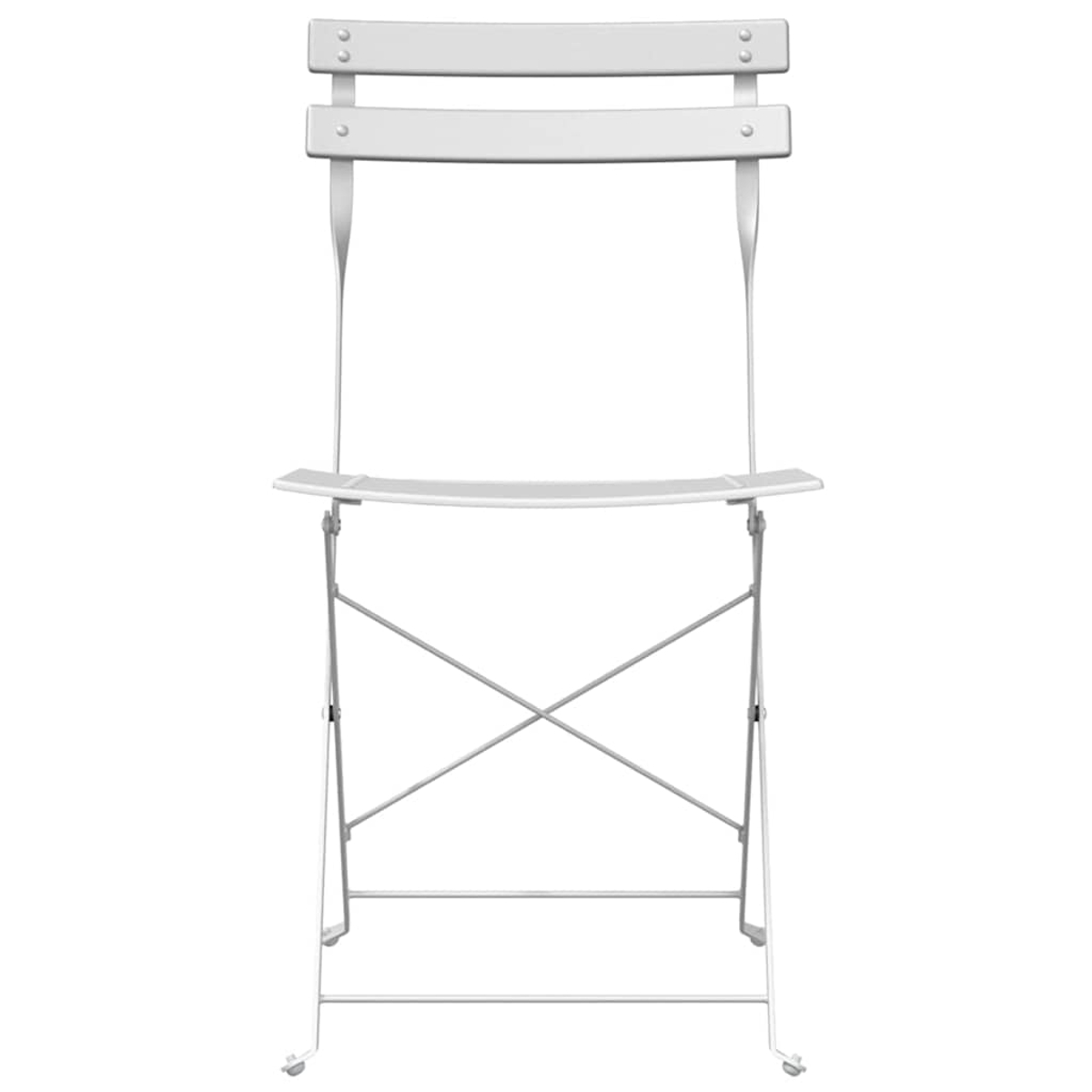 Ein weißer Klappstuhl aus Metall. Er hat eine Rückenlehne mit zwei horizontalen Stangen und einen Sitz. Die Beine sind kreuzförmig.
