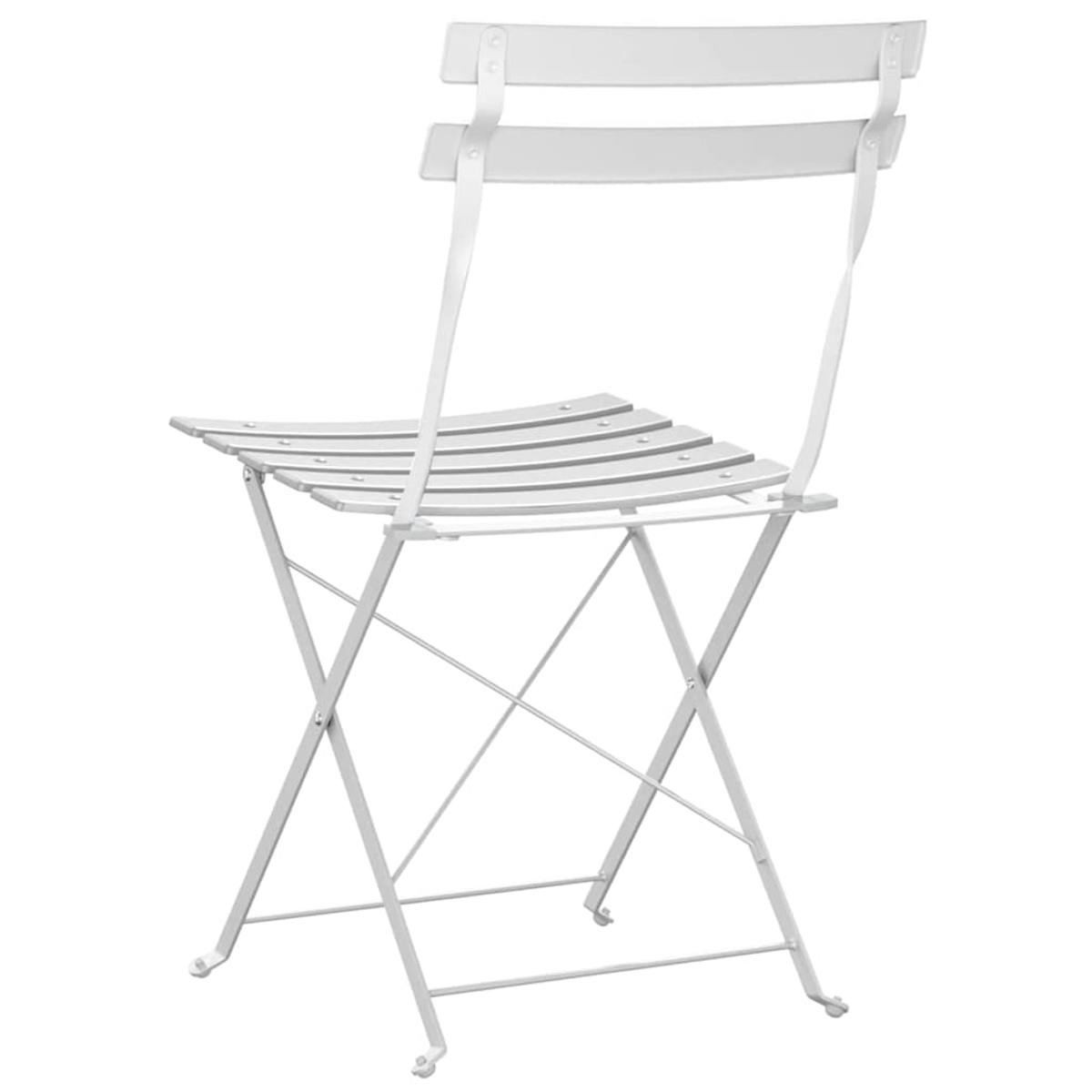 Ein weißer Metallklappstuhl wird von hinten gezeigt, mit einer Sitzfläche und Rückenlehne aus Lamellen. Der Stuhl steht vor weißem Hintergrund.