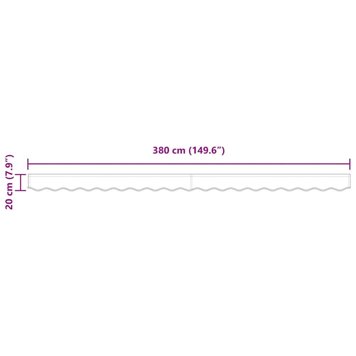 Diagramm mit Maßen. Eine horizontale Linie von 380 cm (149,6"). Eine kürzere vertikale Linie von 20 cm (7,9") mit gewelltem Rand.