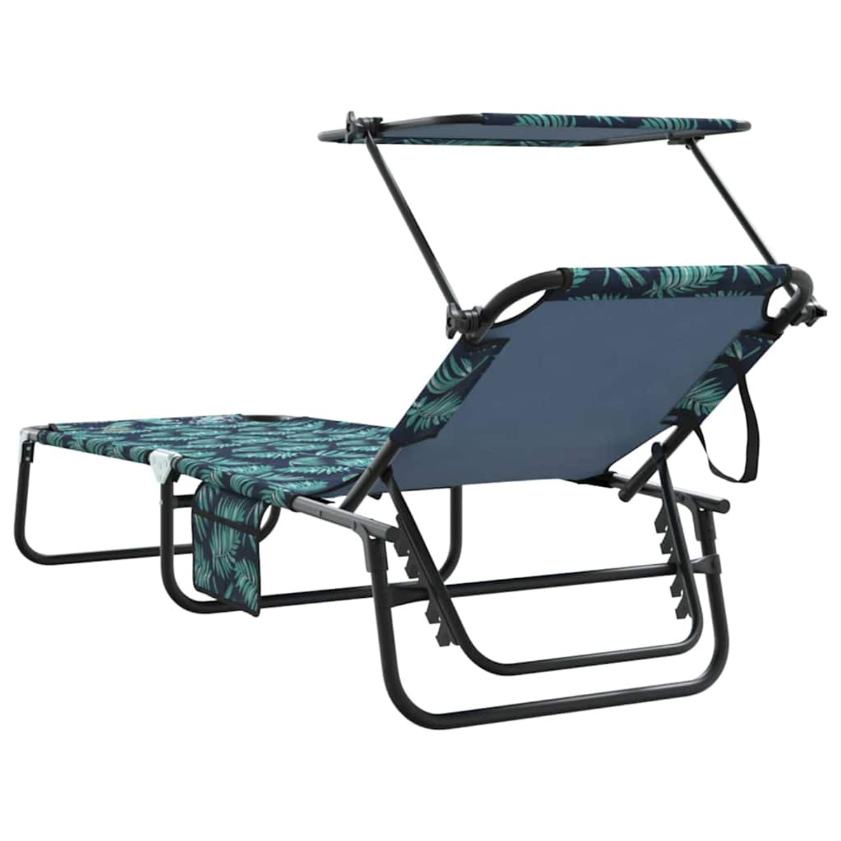 Ein zusammenklappbarer Strandstuhl mit Baldachin. Er hat ein blaues und grünes Blättermuster. Der Rahmen ist schwarz.