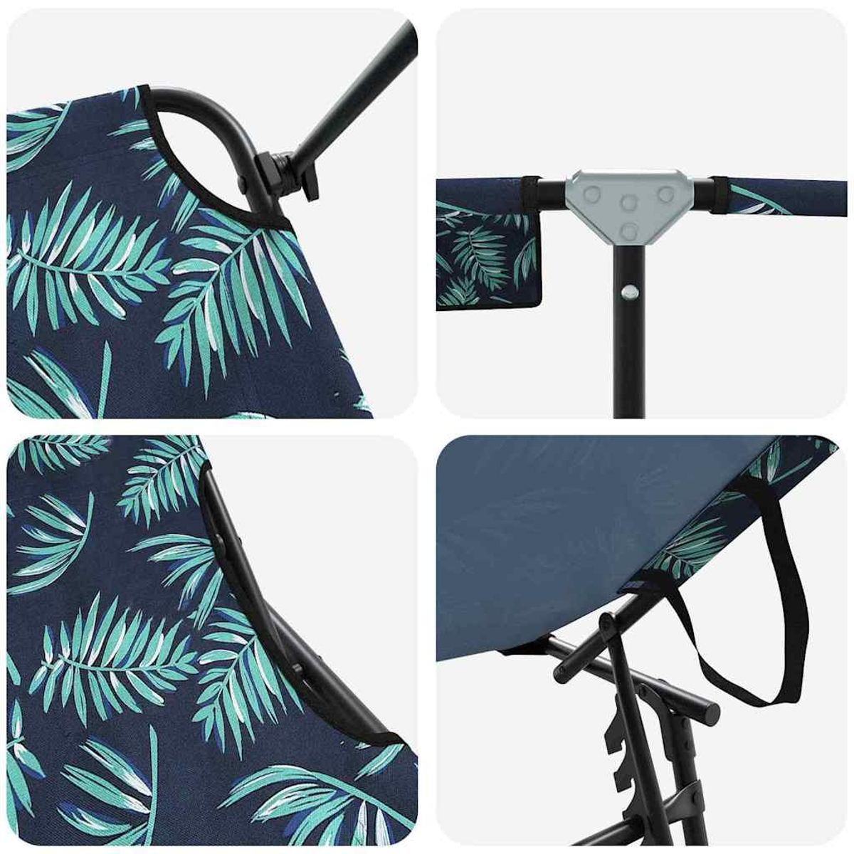 Nahaufnahme eines Stuhls mit marineblauem Stoff. Der Stoff ist mit grünen Palmenblättern gemustert. Schwarzer Metallrahmen und -verbindungen sind sichtbar.