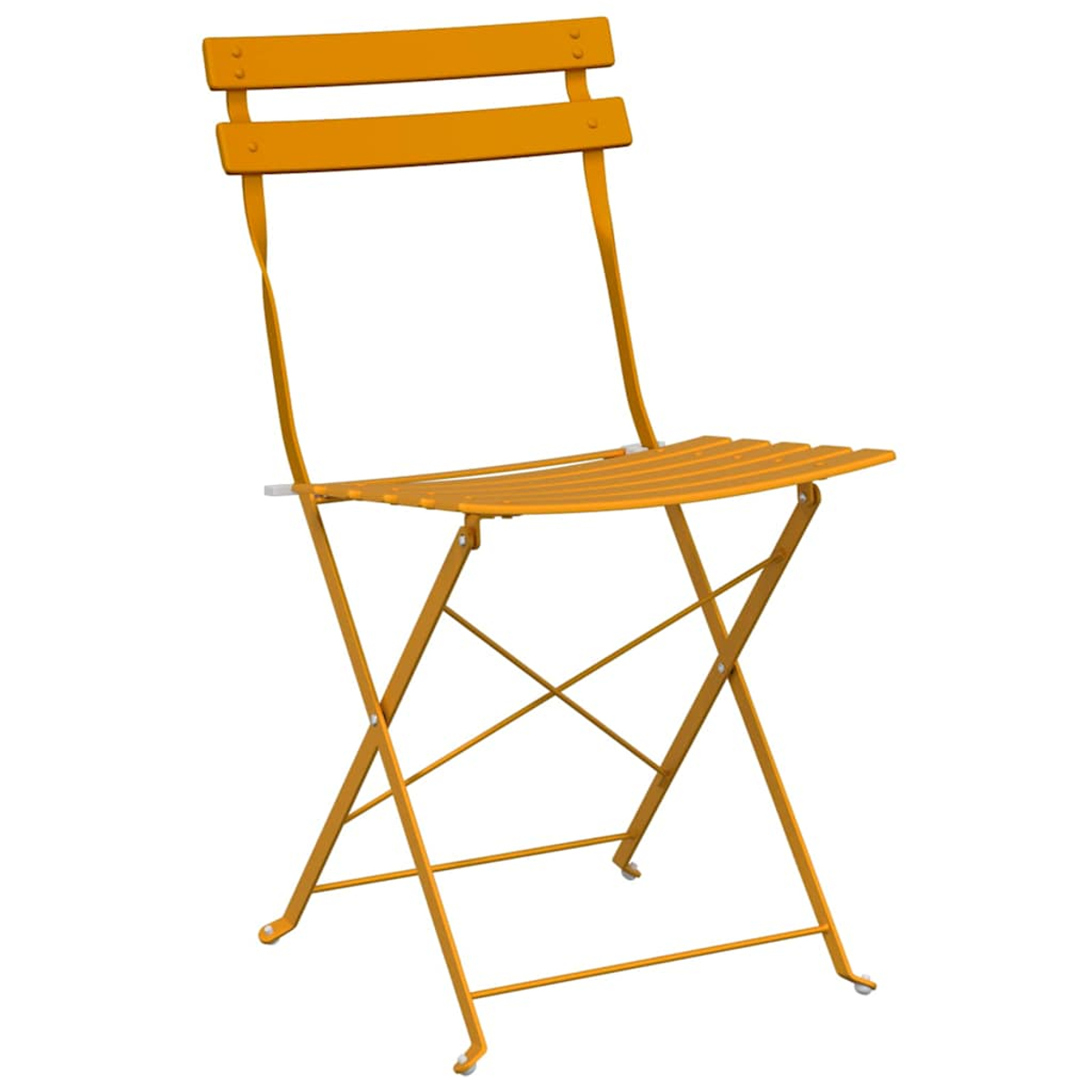 Ein orangefarbener Metallklappstuhl. Er hat eine Sitzfläche und Rückenlehne aus Lamellen. Das Gestell besteht aus dünnen Metallrohren.