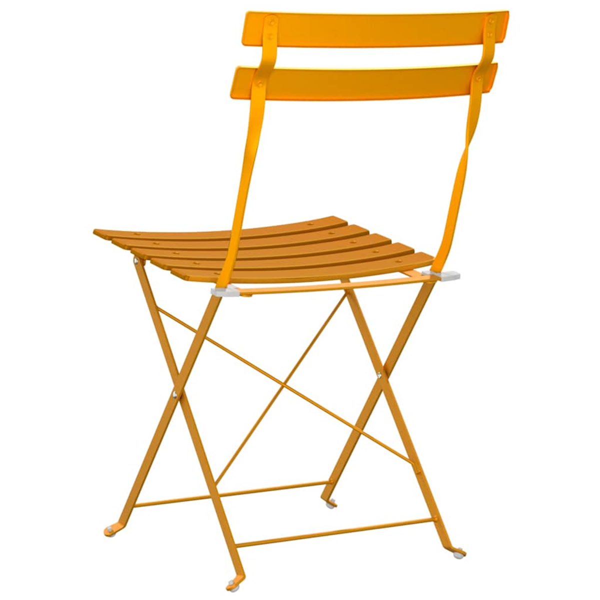 Ein orangefarbener Klappstuhl auf weißem Hintergrund. Der Stuhl hat eine Sitzfläche und Rückenlehne aus Lamellen und ein Metallgestell.