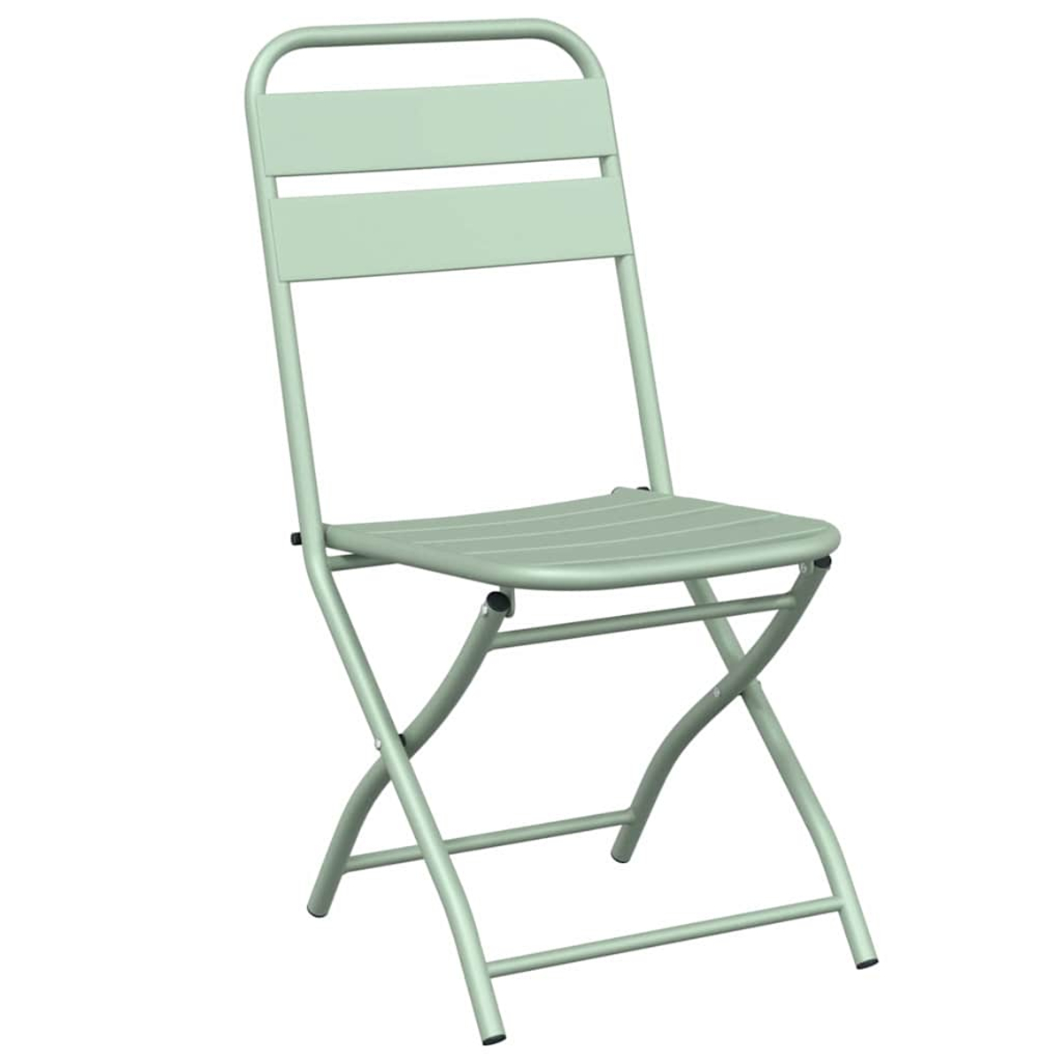 Ein hellgrüner Klappstuhl wird gezeigt. Er hat eine Sitzfläche und Rückenlehne mit Lamellen. Das Gestell besteht aus Metall.