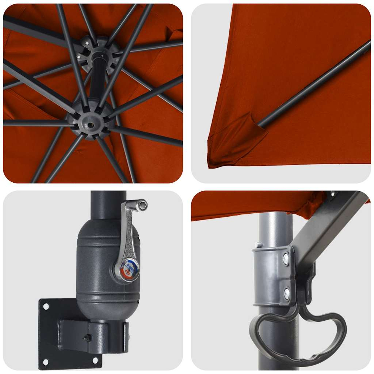 Nahaufnahme eines orangefarbenen Sonnenschirms. Details umfassen Rahmen, Kurbel und Befestigungsteile, zeigen Öffnungs- und Schließmechanismen.