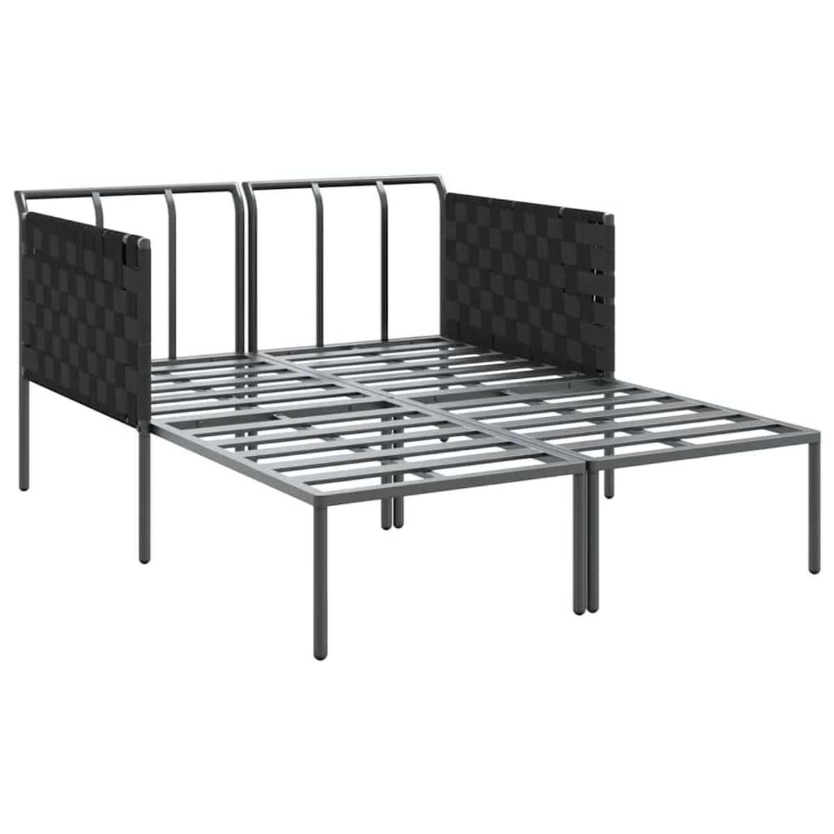 Ein metallener Bettrahmen mit einem gewebten Kopfteil. Der Rahmen ist grau, das Kopfteil schwarz. Das Bett ist leer und einsatzbereit.