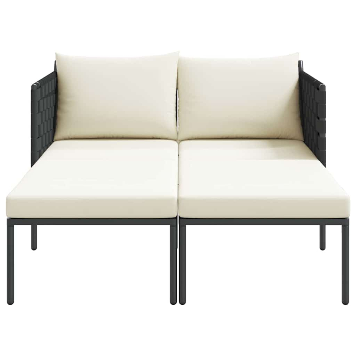 Ein modernes Outdoor-Sofa mit cremefarbenen Kissen und dunkelgrauem Rahmen. Das Sofa hat zwei Teile und gewebte Seitenteile.