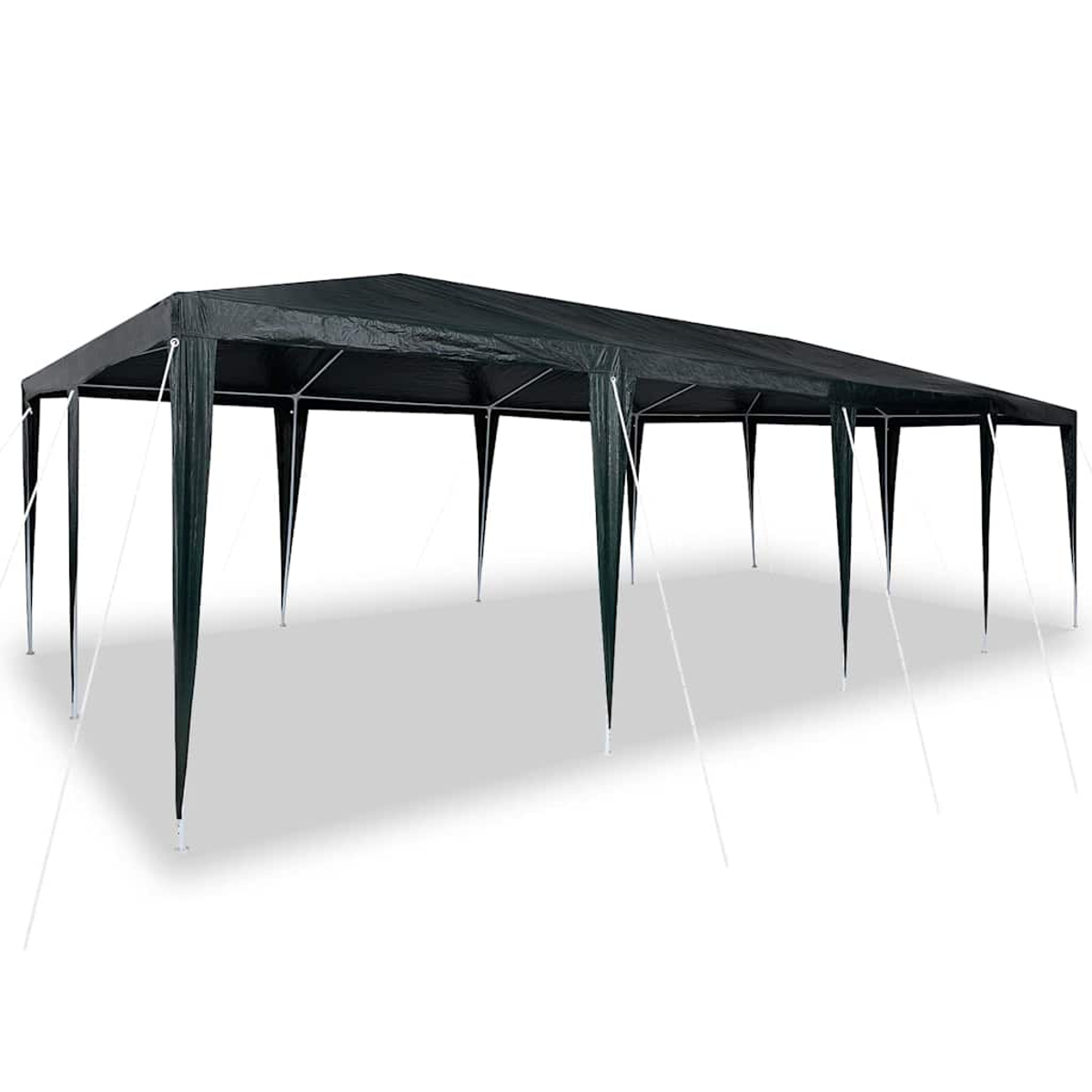 Una tenda da sole rettangolare nera con pali di supporto e tiranti bianchi, su sfondo bianco.