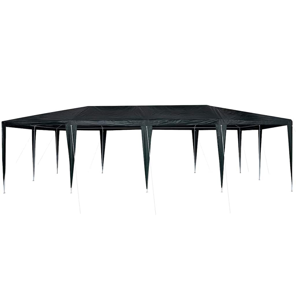 Un gazebo rettangolare nero con corde di supporto bianche su sfondo bianco. Il gazebo ha più gambe di supporto.