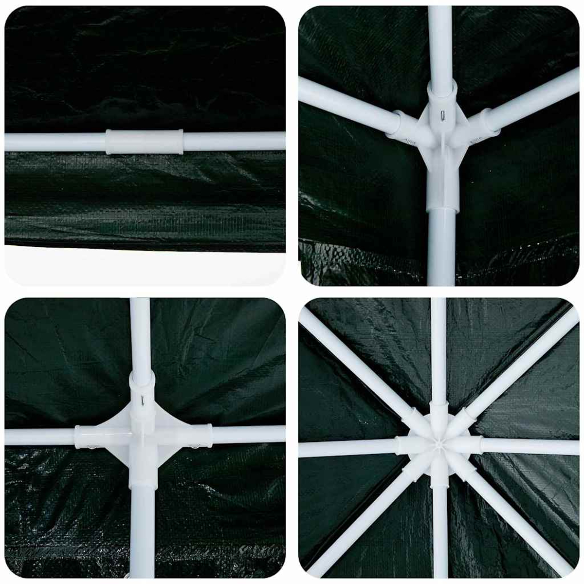 Quattro primi piani mostrano i componenti di un telaio di tenda bianco su uno sfondo verde scuro, evidenziando i giunti.