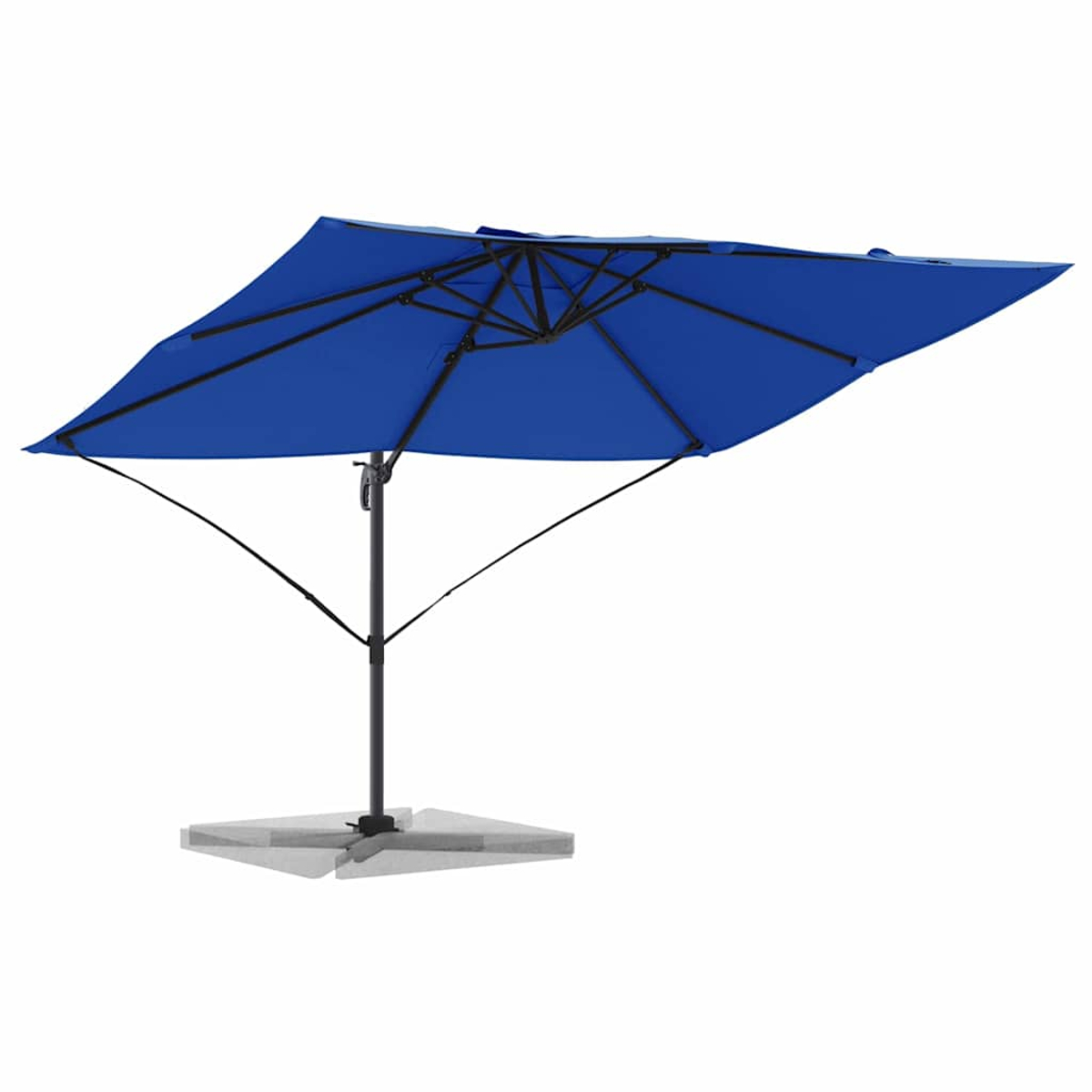 Un ombrellone quadrato blu con telaio nero su base grigia. Contro uno sfondo bianco.