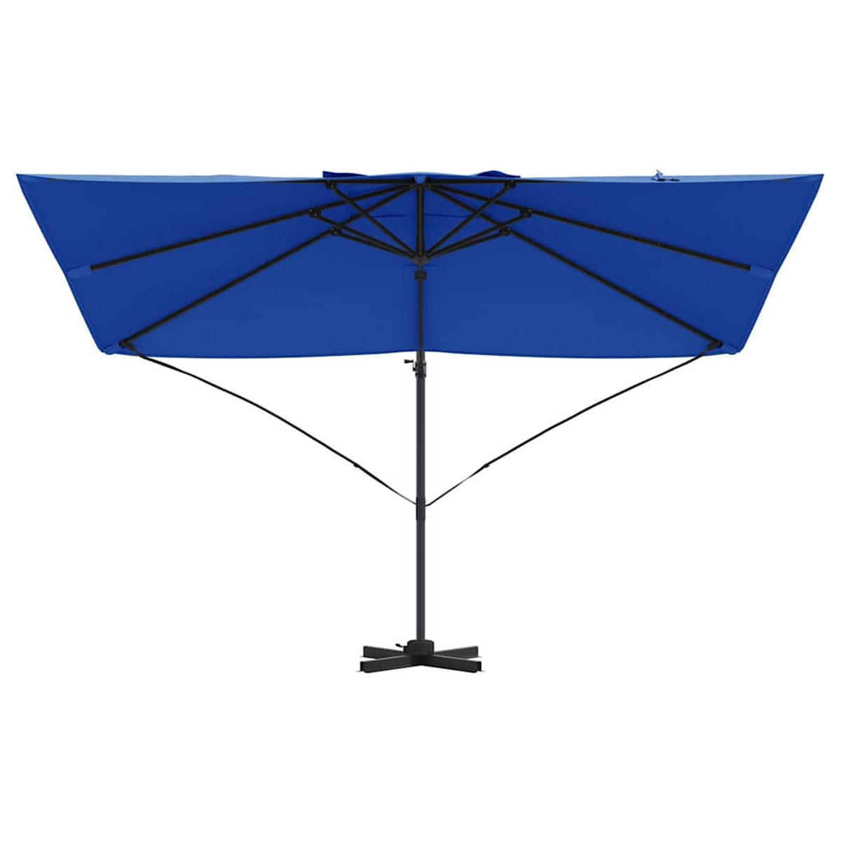 Un ombrellone da patio rettangolare blu è aperto. Ha un telaio e un palo neri. La base è una forma a croce nera.