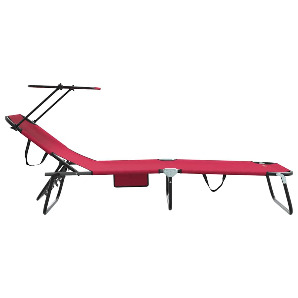 Ein roter Klapp-Strandstuhl mit schwarzem Gestell und Sonnenschutz vor weißem Hintergrund.