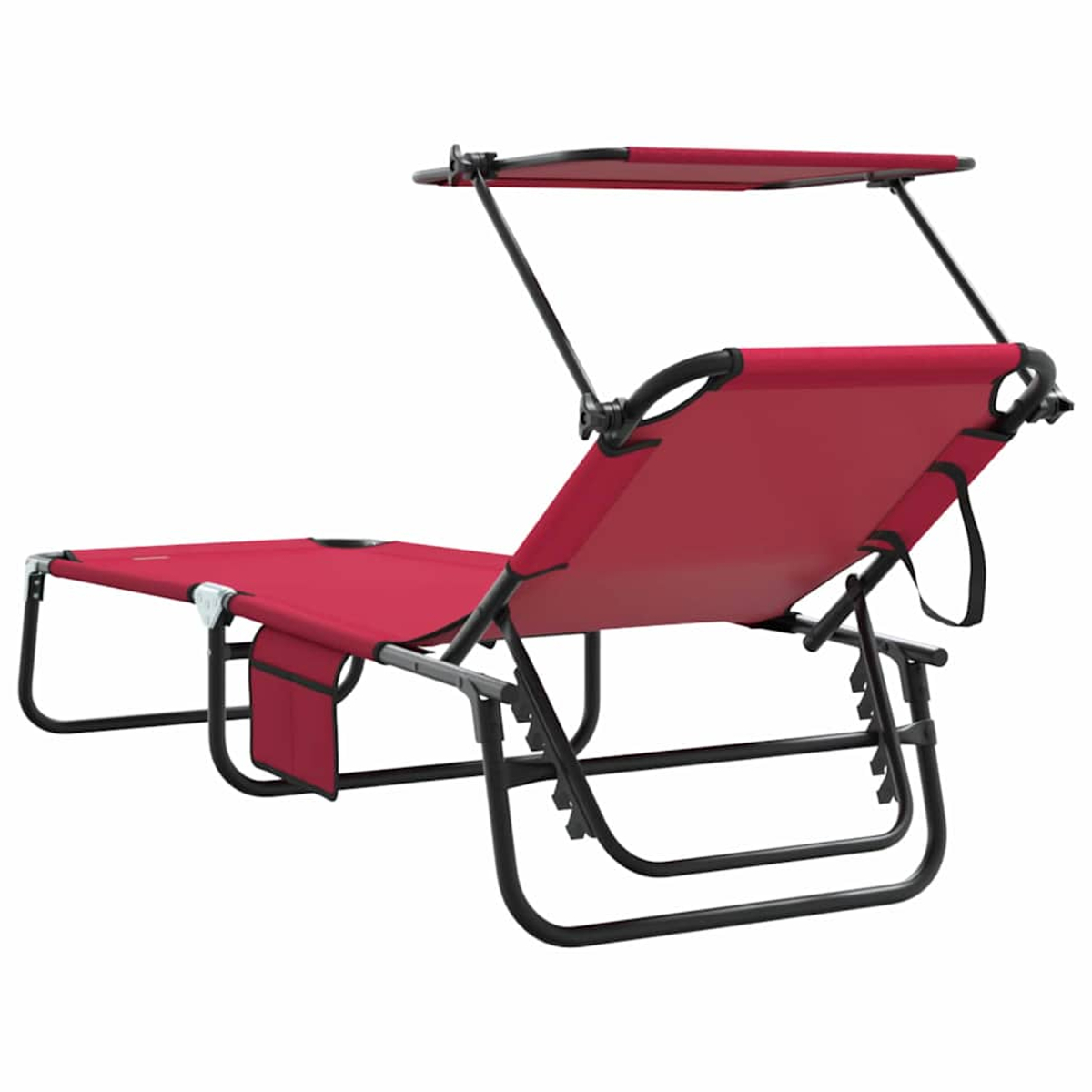 Ein roter Strandstuhl mit Baldachin. Er hat ein schwarzes Gestell und eine kleine Tasche. Der Stuhl steht auf weißem Grund.