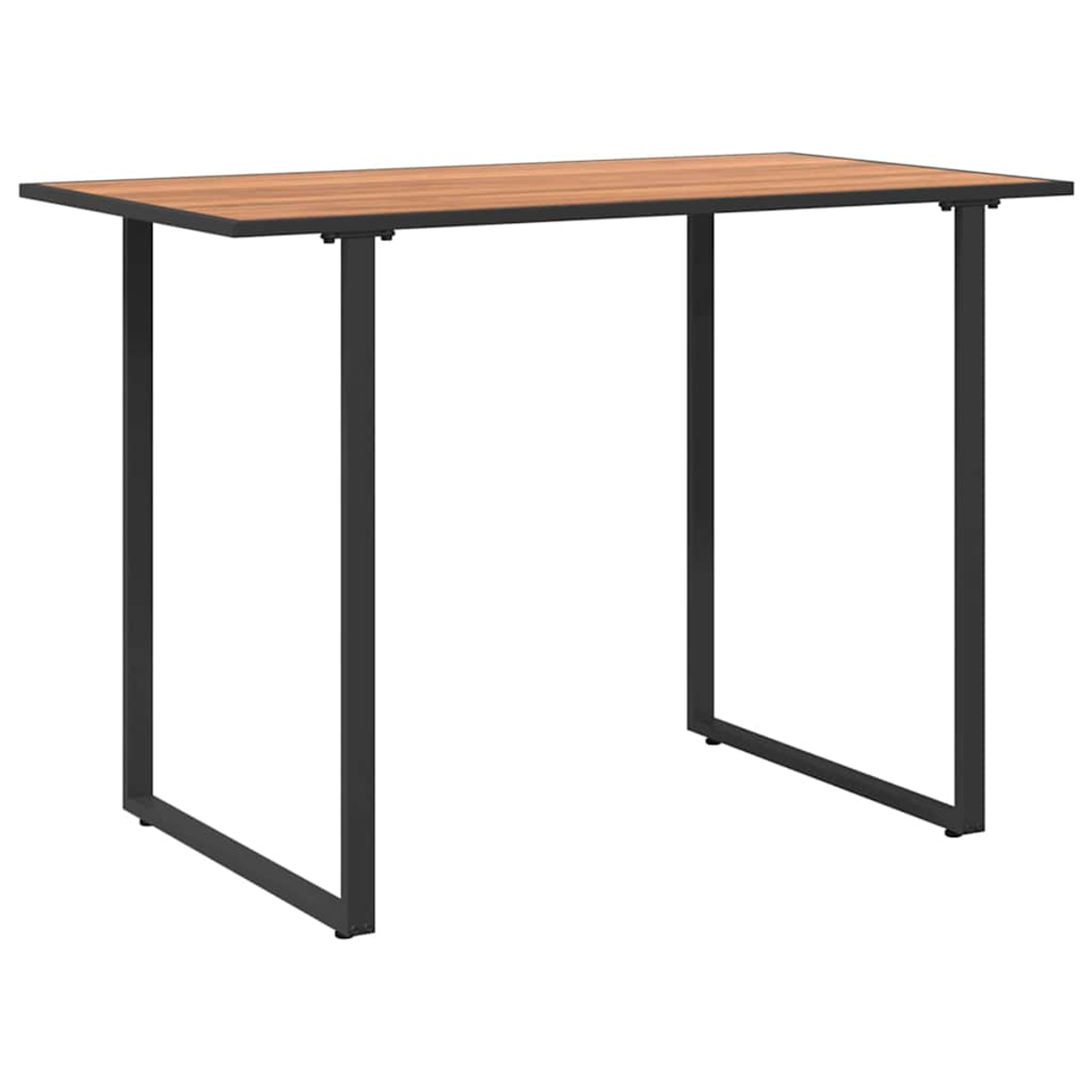 Ein rechteckiger Tisch mit brauner Holzplatte und schwarzen Metallbeinen. Die Beine bilden ein U.