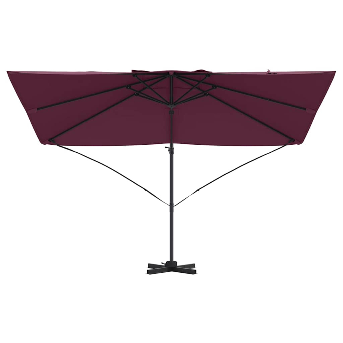 Un ombrellone rettangolare bordeaux con struttura e base in metallo nero, su sfondo bianco.