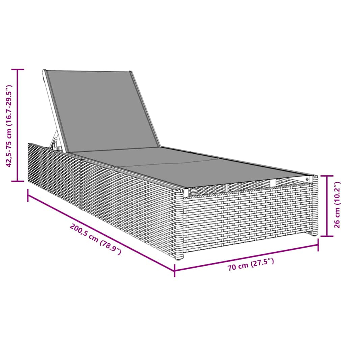 Eine Sonnenliege aus Rattan mit grauem, verstellbarem Verdeck wird mit Abmessungen in cm und Zoll dargestellt. Die Maße sind deutlich gekennzeichnet.
