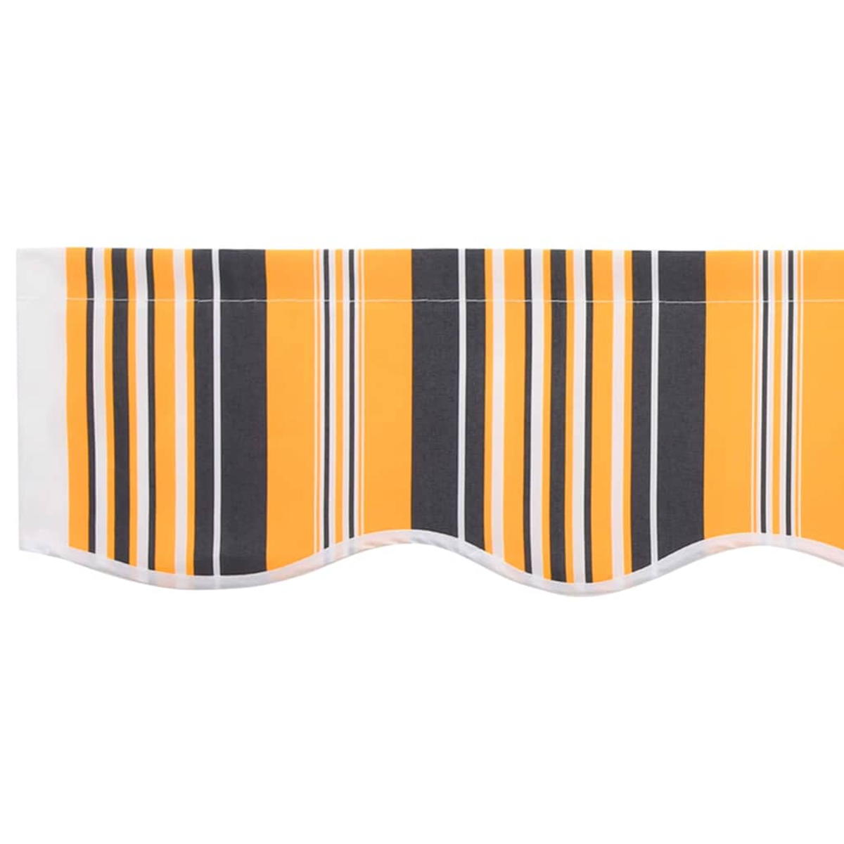 Eine gestreifte Markise mit vertikalen Streifen in Orange, Grau und Weiß. Der untere Rand hat ein wellenförmiges, gezacktes Design.