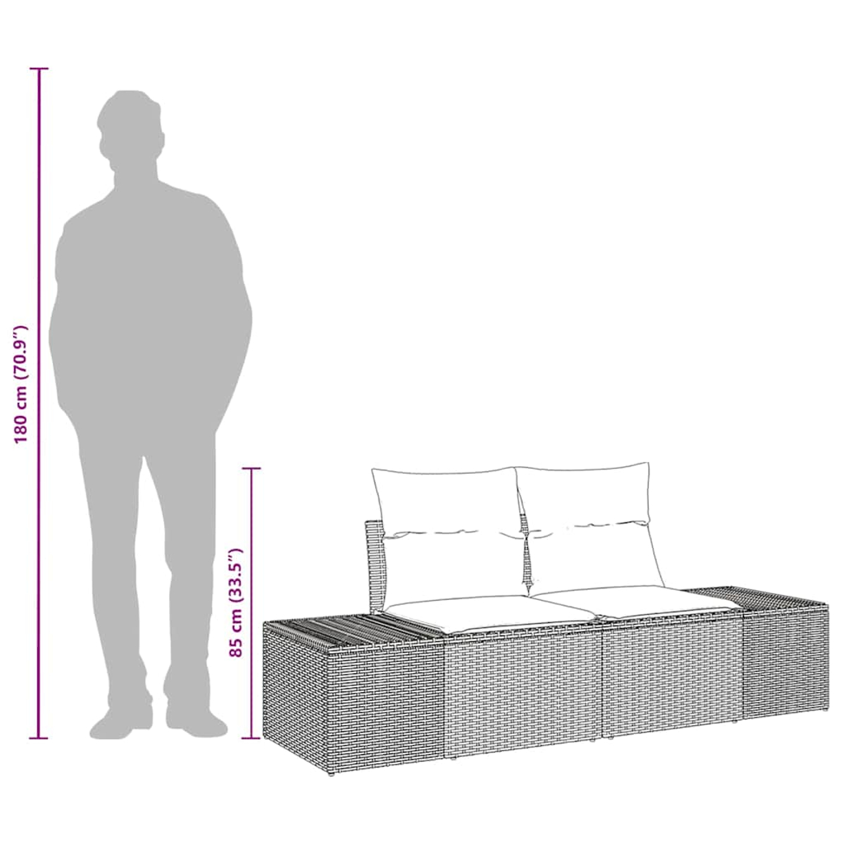 Eine Person steht in der Nähe eines Korbmöbels mit Kissen. Abmessungen zeigen, dass die Person 180 cm und das Sofa 85 cm hoch ist.