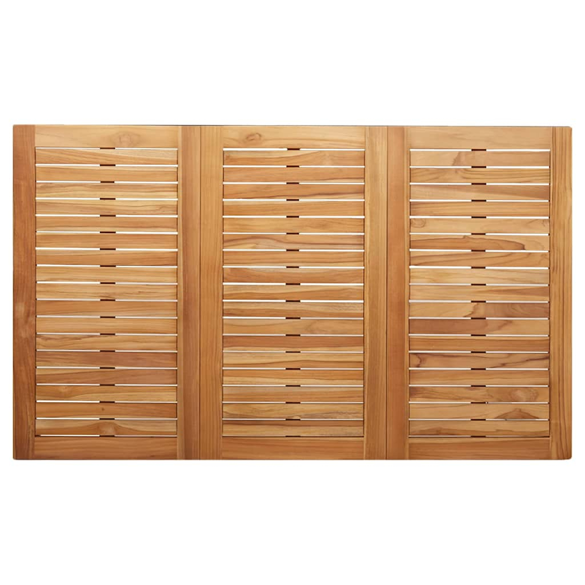 Draufsicht auf eine rechteckige Holzplatte mit drei Paneelen. Jede Platte hat horizontale Lamellen mit schmalen Lücken.