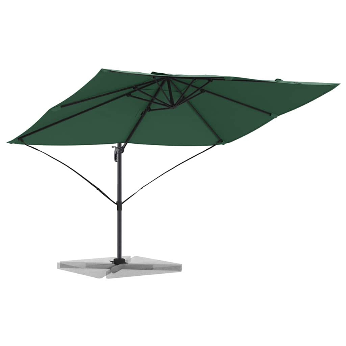 Un ombrellone quadrato verde è aperto. La tenda verde scuro si trova sopra un palo nero e una base grigia, su sfondo bianco.