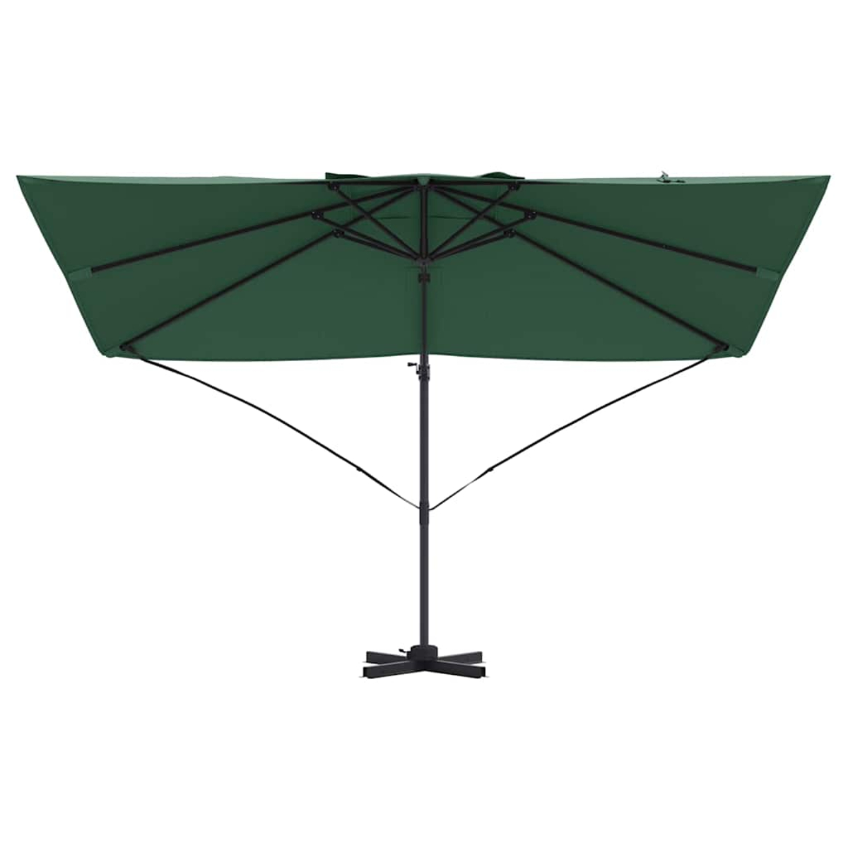 Un ombrellone da patio rettangolare verde è aperto su sfondo bianco. Il telaio è nero. La base è una croce nera.