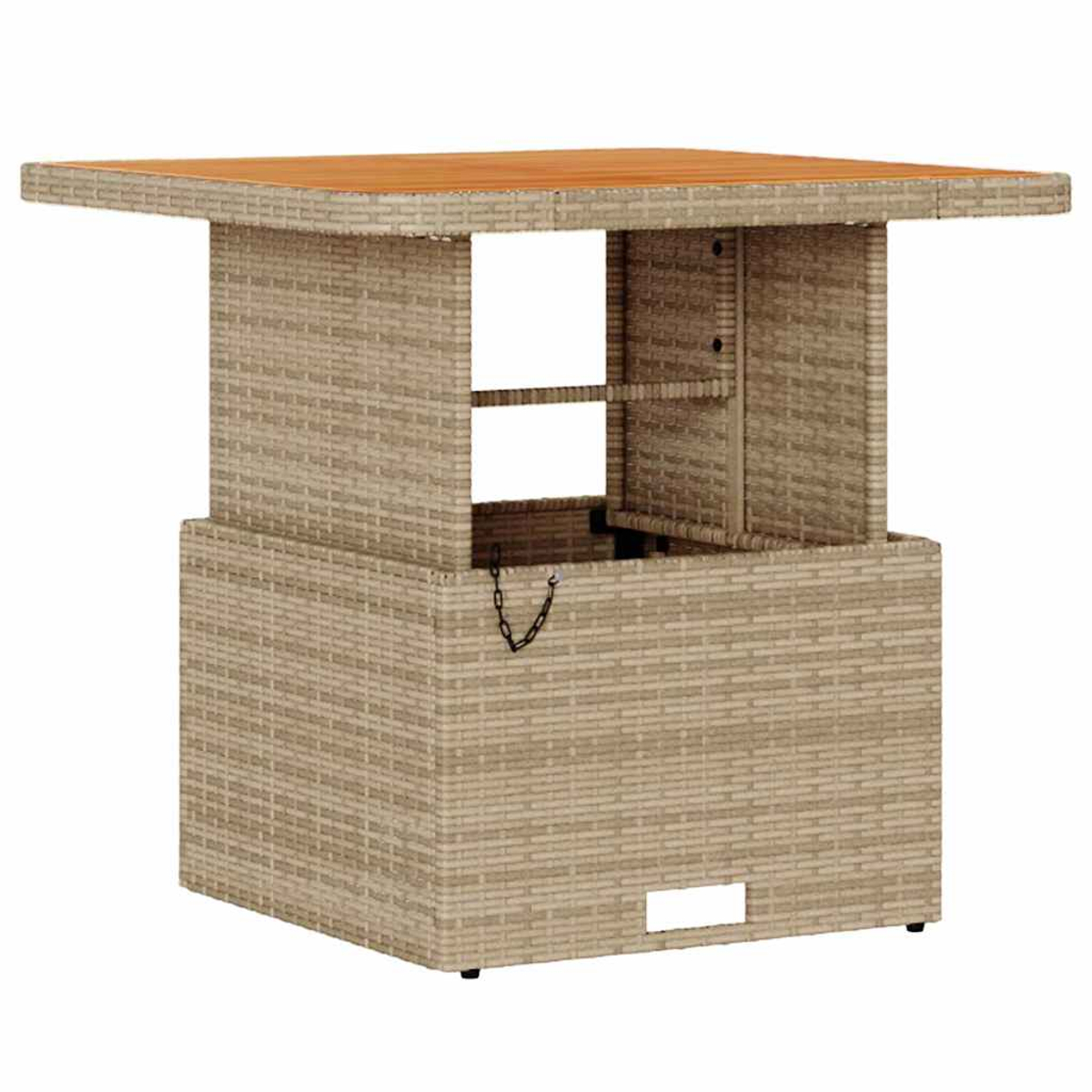 Ein quadratischer Bartisch im Freien mit Holzplatte und gewebten beigen Seiten. Er hat einen unteren Stauraum mit Kette.