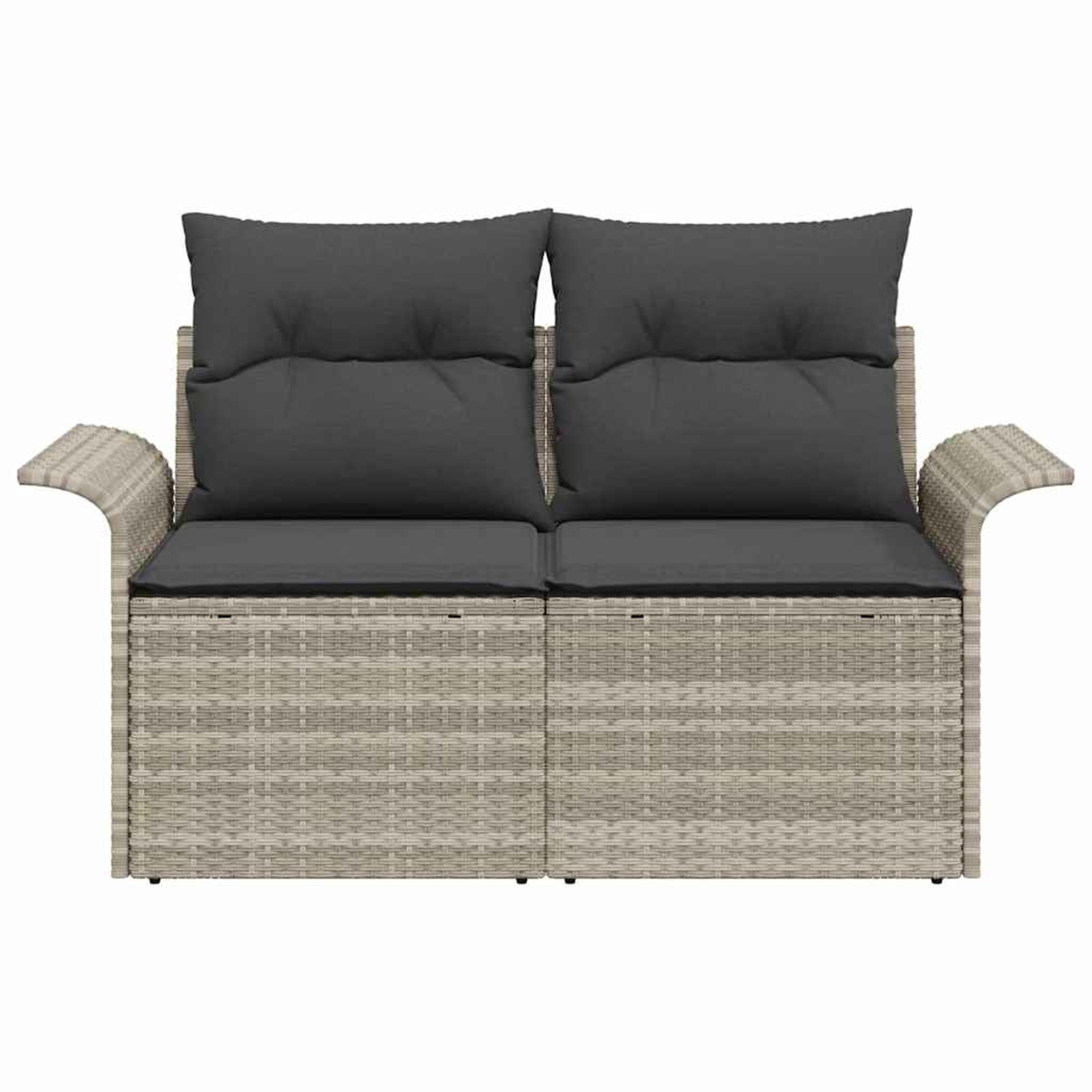 Ein Sofa im Korbstil mit zwei grauen Kissen. Der Rahmen ist hellgrau, die Kissen sind dunkelgrau. Armlehnen sind gebogen.