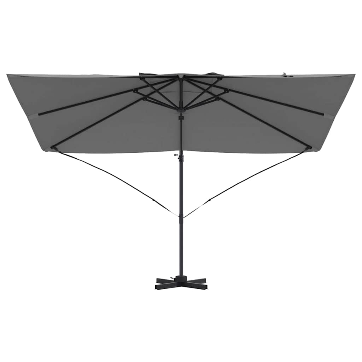 Un ombrellone da patio grigio e rettangolare con telaio e base neri è aperto. È su sfondo bianco.