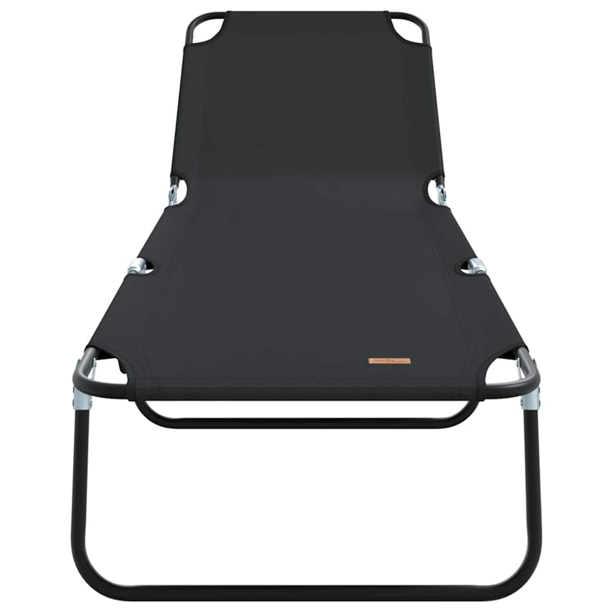 Ein schwarzer Outdoor-Liegestuhl mit Metallrahmen wird aus der Frontperspektive gezeigt. Der Stuhl ist leer, einsatzbereit.
