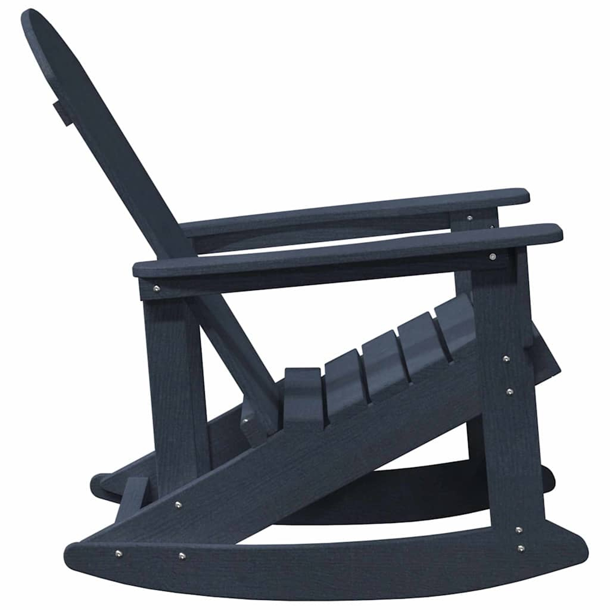 Ein dunkelgrauer Holzschaukelstuhl ist von der Seite zu sehen. Er hat eine hohe Rückenlehne, Armlehnen und Lamellen für den Sitz. Der Hintergrund ist weiß.