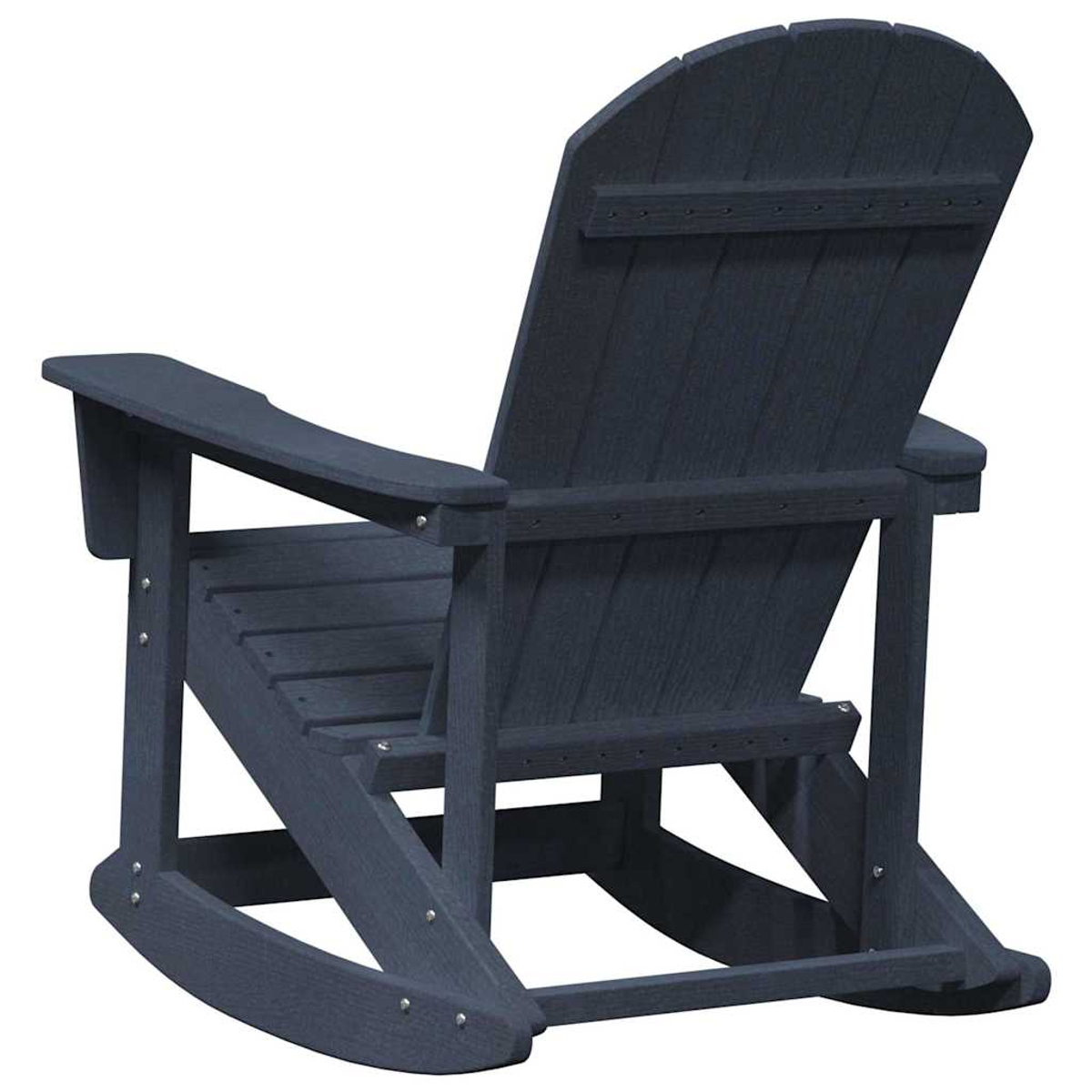 Ein dunkelblauer Adirondack-Schaukelstuhl, von hinten gesehen. Er hat eine Lattenrost, gebogene Rückenlehne und Armlehnen. Der Hintergrund ist weiß.