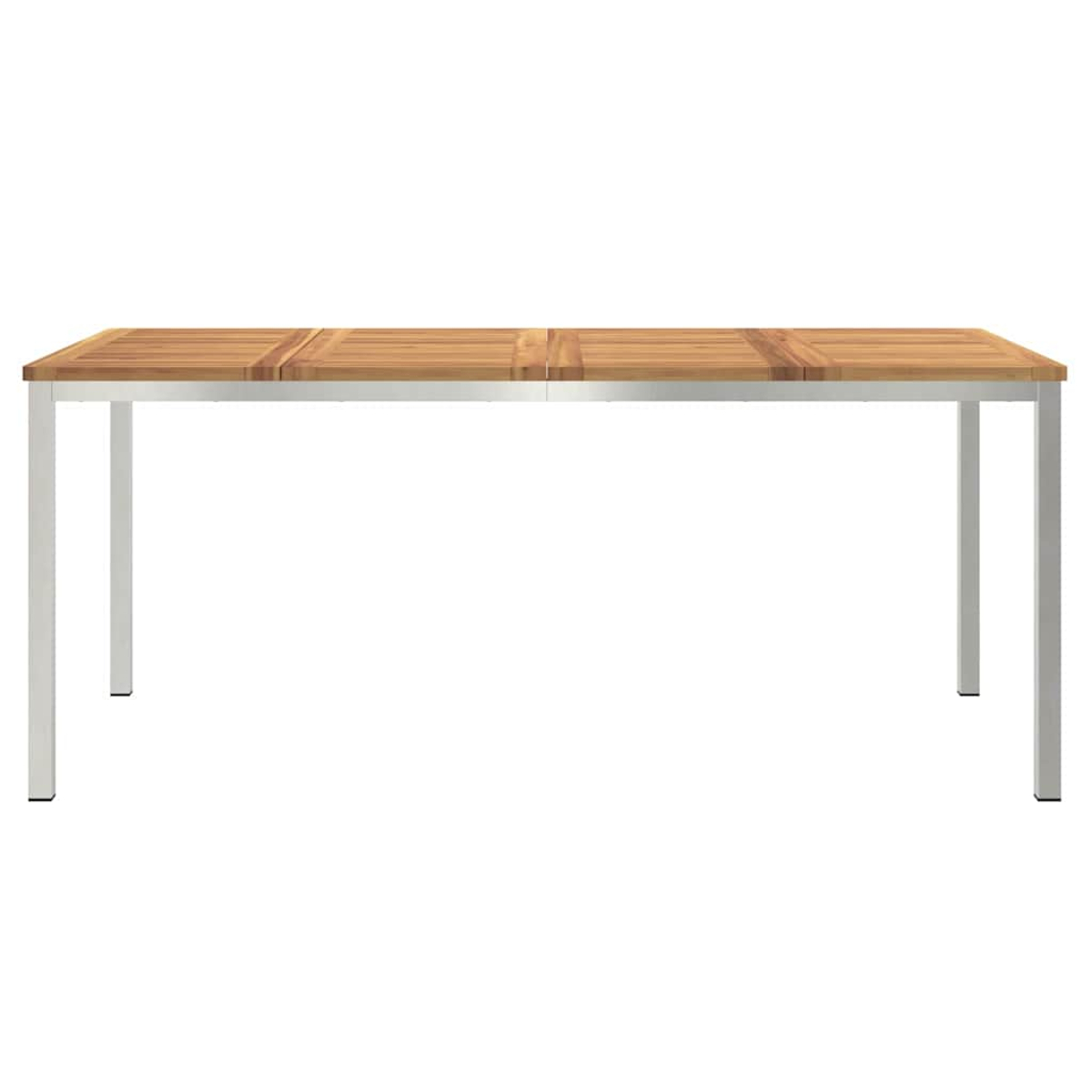 Ein rechteckiger Tisch mit Holzplatte und Metallbeinen. Der Tisch ist leer und vor weißem Hintergrund isoliert.