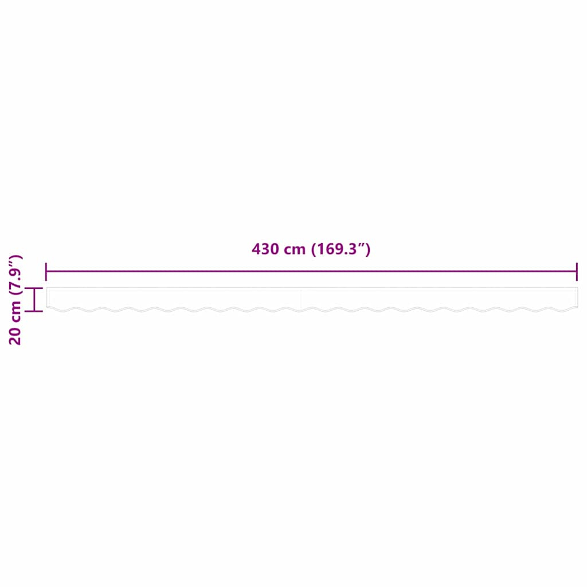 Ein weißer, wellenförmiger Rand mit den angegebenen Abmessungen: 430 cm (169,3") lang und 20 cm (7,9") hoch, vor weißem Hintergrund.