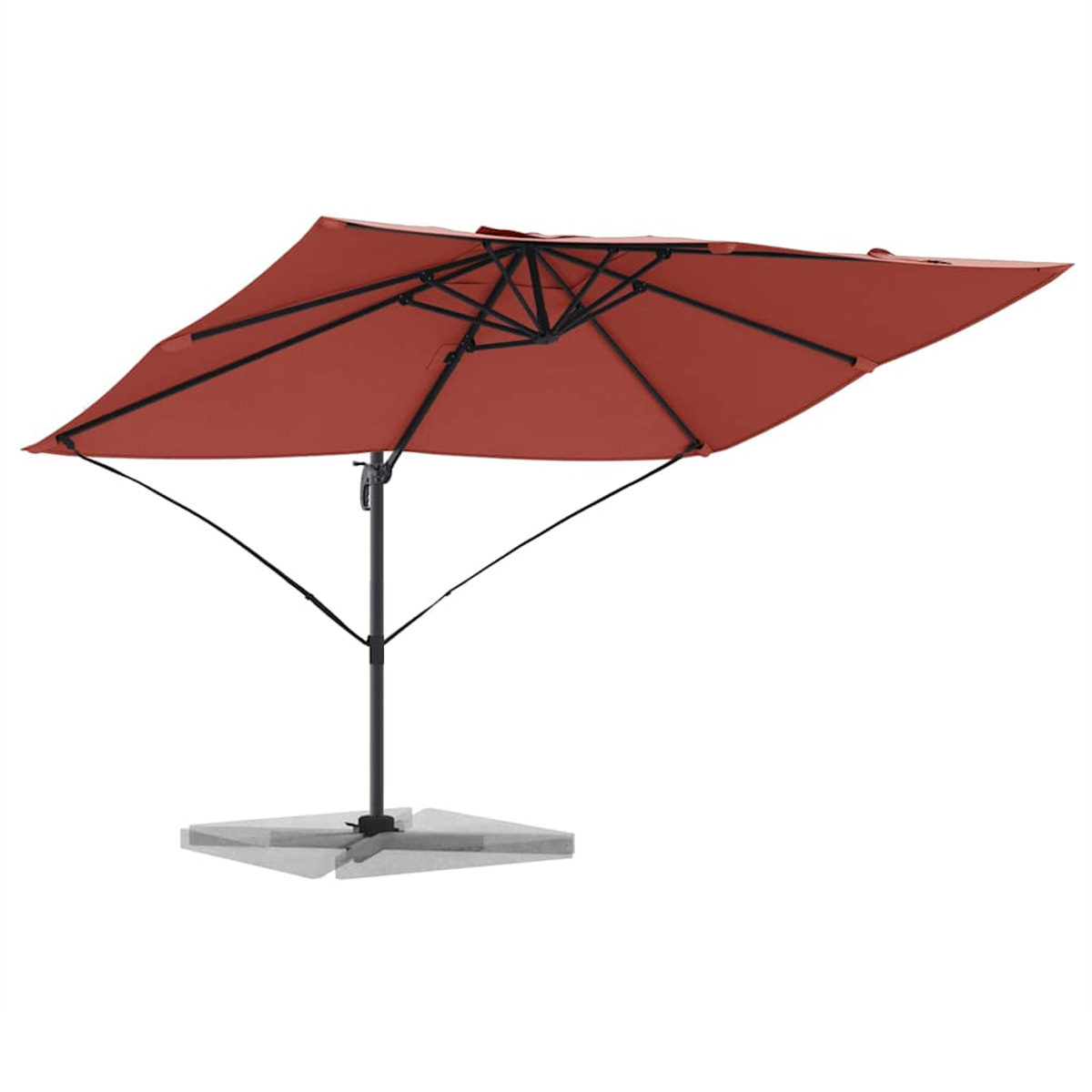 Un ombrellone a sbalzo con una tenda color ruggine è mostrato. La base è grigia e il palo è nero. Lo sfondo è bianco.