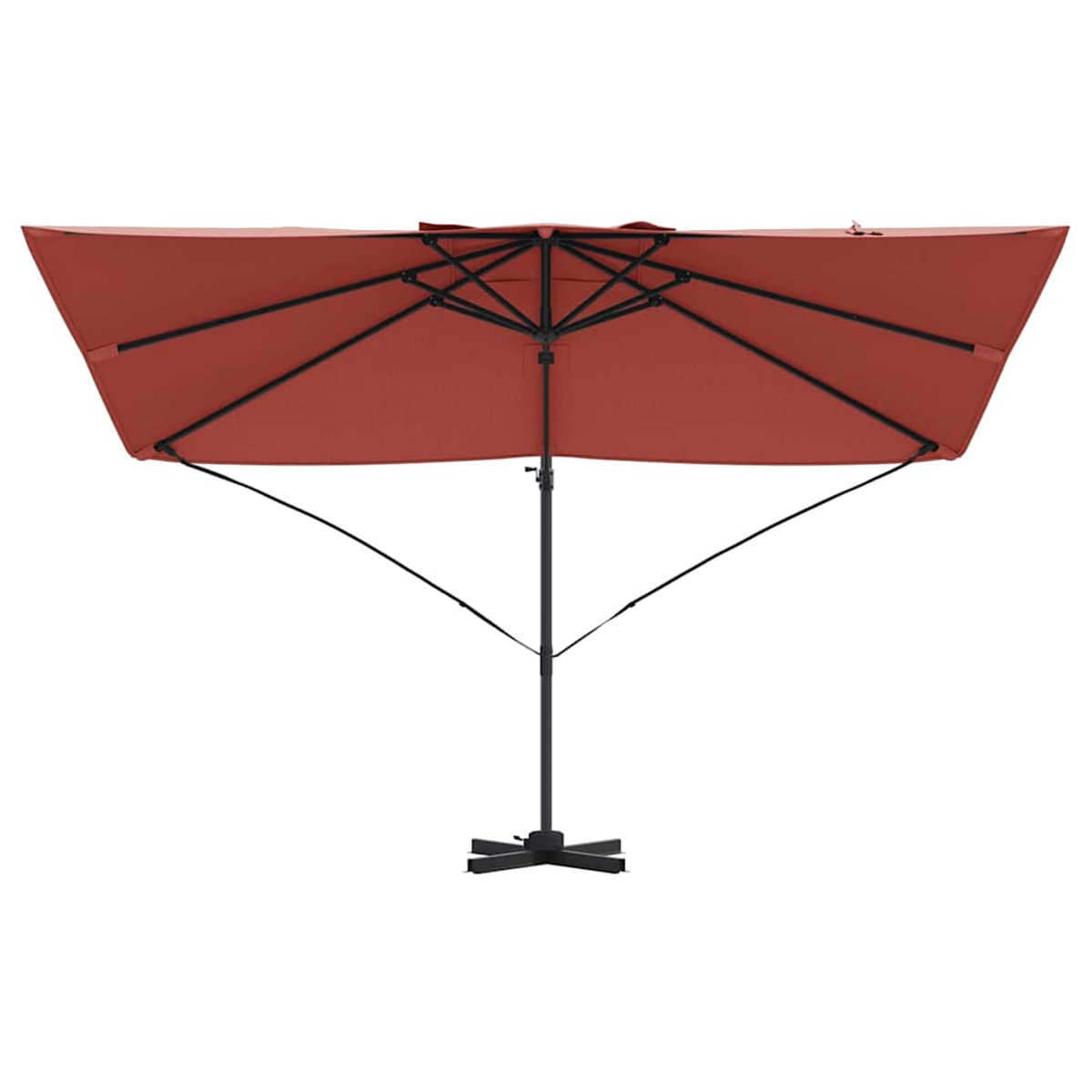 Un grande ombrellone da patio rettangolare e aperto. È color terracotta con palo e base di supporto neri, su sfondo bianco.