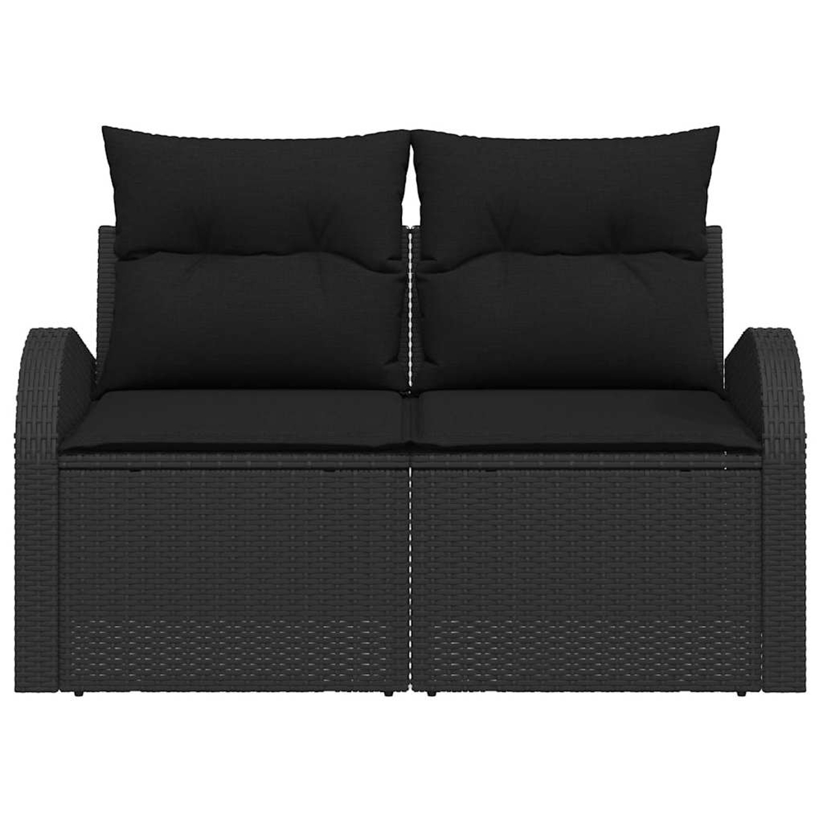 Ein schwarzes Zweisitzer-Korban-Sofa. Es hat zwei Sitzkissen, zwei Rückenkissen und Armlehnen. Alles ist schwarz.