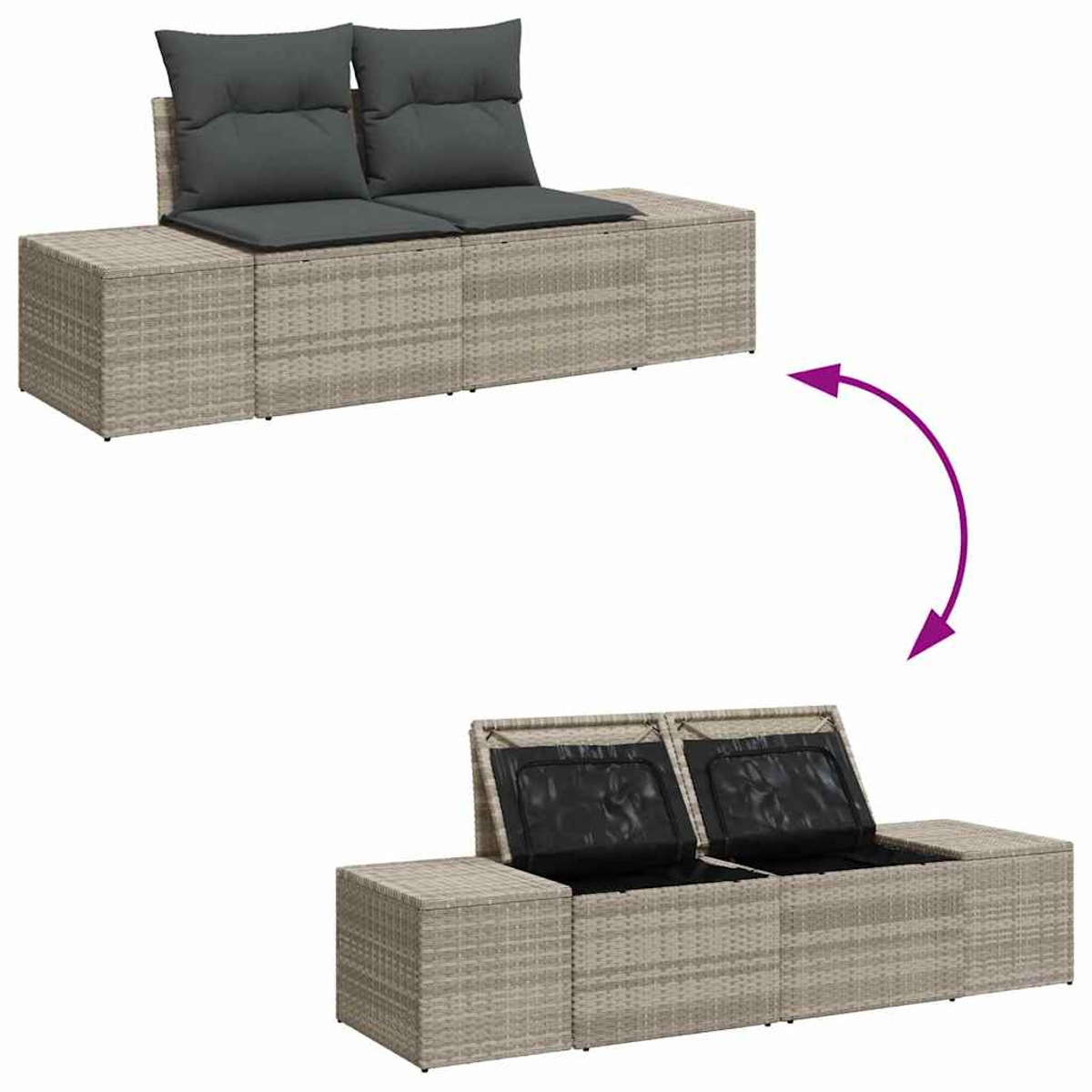 Ein Rattansofa in zwei Konfigurationen: mit Kissen und geschlossen, und mit geöffnetem Sitz zur Aufbewahrung.