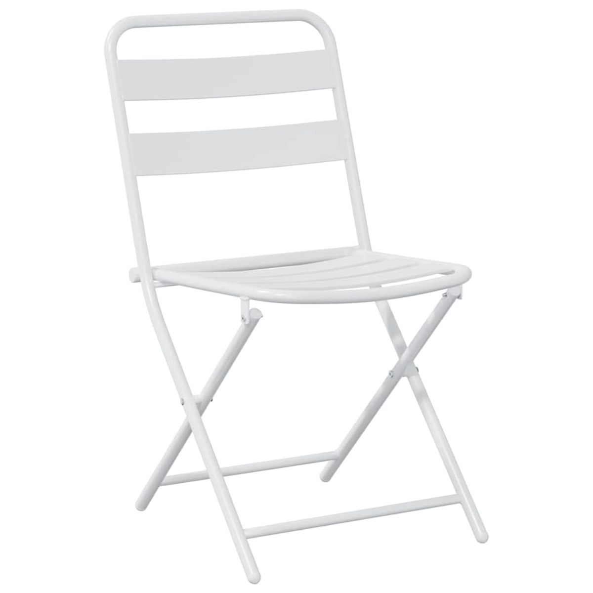 Ein weißer Klappstuhl. Er hat eine gebogene Oberseite, horizontale Rückenlehnen und eine Sitzfläche mit Lamellen.