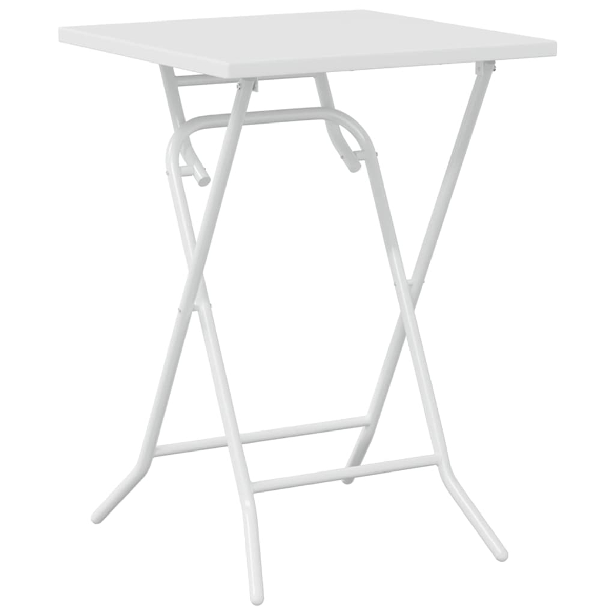Ein weißer, quadratischer Klapptisch. Die Beine sind weißes Metall in X-Form und tragen die weiße Tischplatte. Isoliert auf weißem Hintergrund.