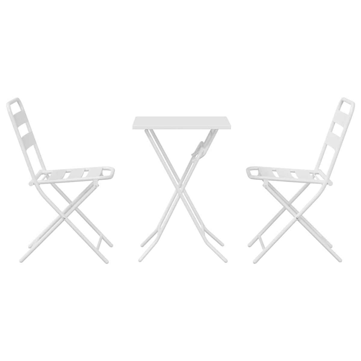 Ein weißer Tisch und zwei passende Stühle vor weißem Hintergrund. Die Möbel haben ein Klappdesign.