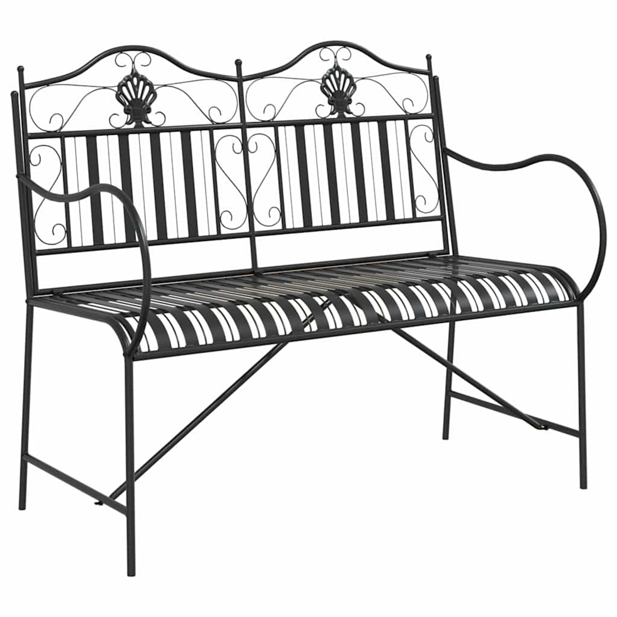 Schwarze Gartenbank aus Metall mit dekorativer Rückenlehne und Armlehnen. Mit Lattenrost und muschelartigen Ornamenten.