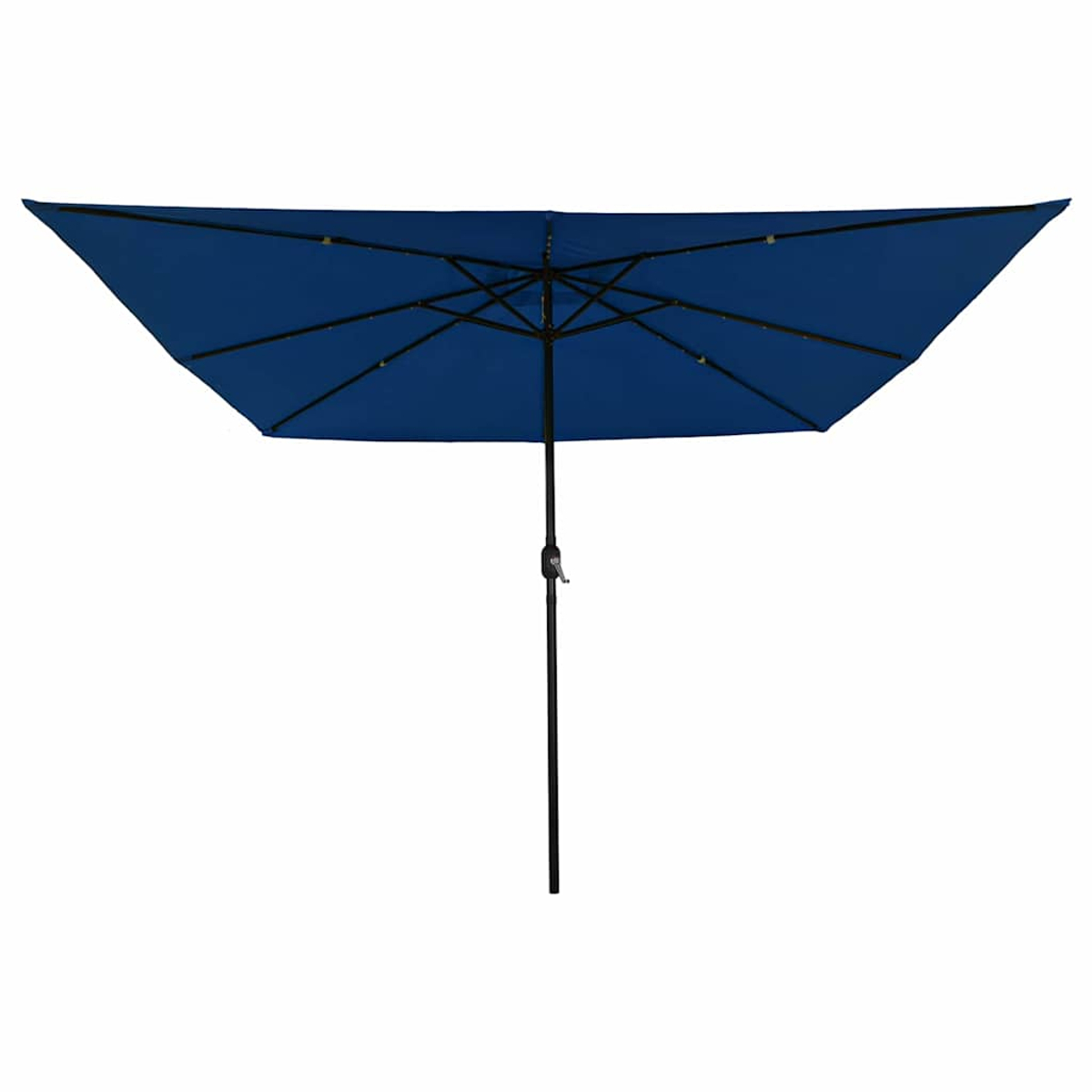Un ombrellone da patio blu rettangolare è aperto. Il telaio è nero e il palo è centrato. Lo sfondo è bianco.