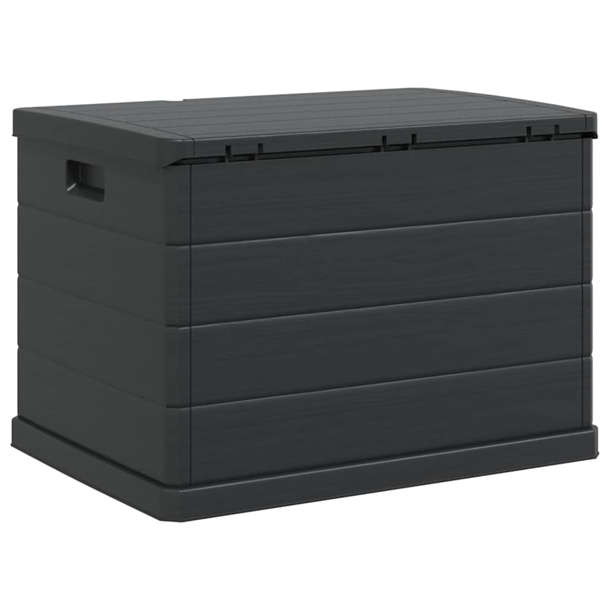 Eine anthrazitfarbene Aufbewahrungsbox mit Klappdeckel. Sie hat einen Griff und eine strukturierte Oberfläche.