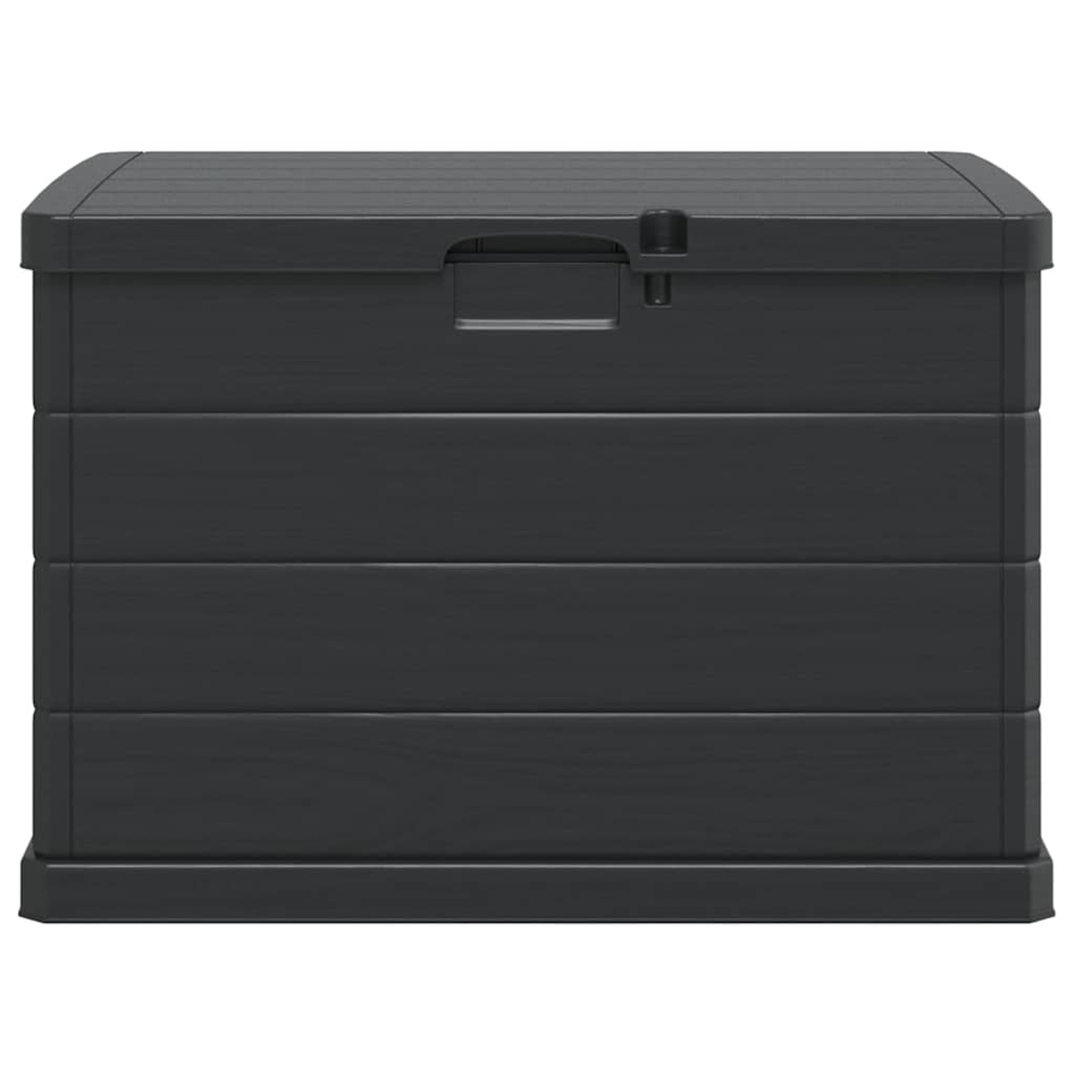 Eine dunkelgraue Aufbewahrungsbox mit Griff auf dem Deckel. Die Box hat horizontale Linien und befindet sich auf weißem Hintergrund.