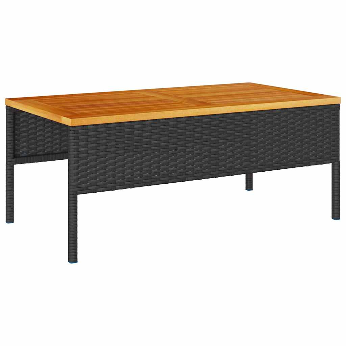 Ein rechteckiger Couchtisch mit Holzplatte und dunkler gewebter Basis. Er hat vier Metallbeine mit blauen Akzenten.