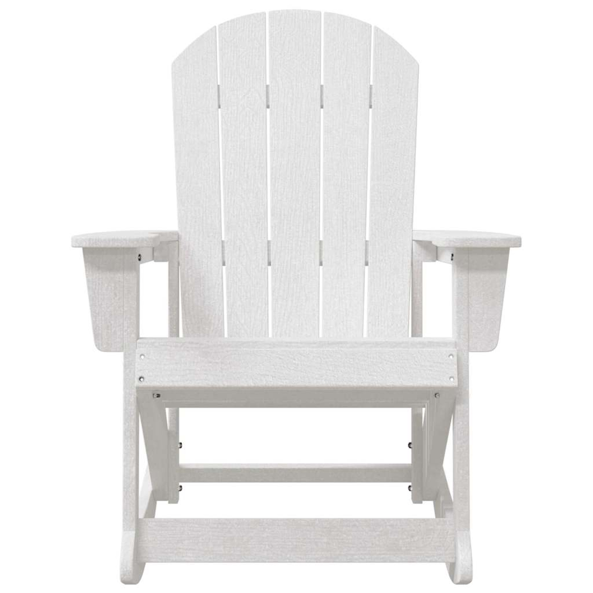 Ein weißer Adirondack-Stuhl mit geschwungener Rückenlehne, Armlehnen und einer Lattenrost. Der Stuhl besteht aus Holz oder einem holzähnlichen Material.
